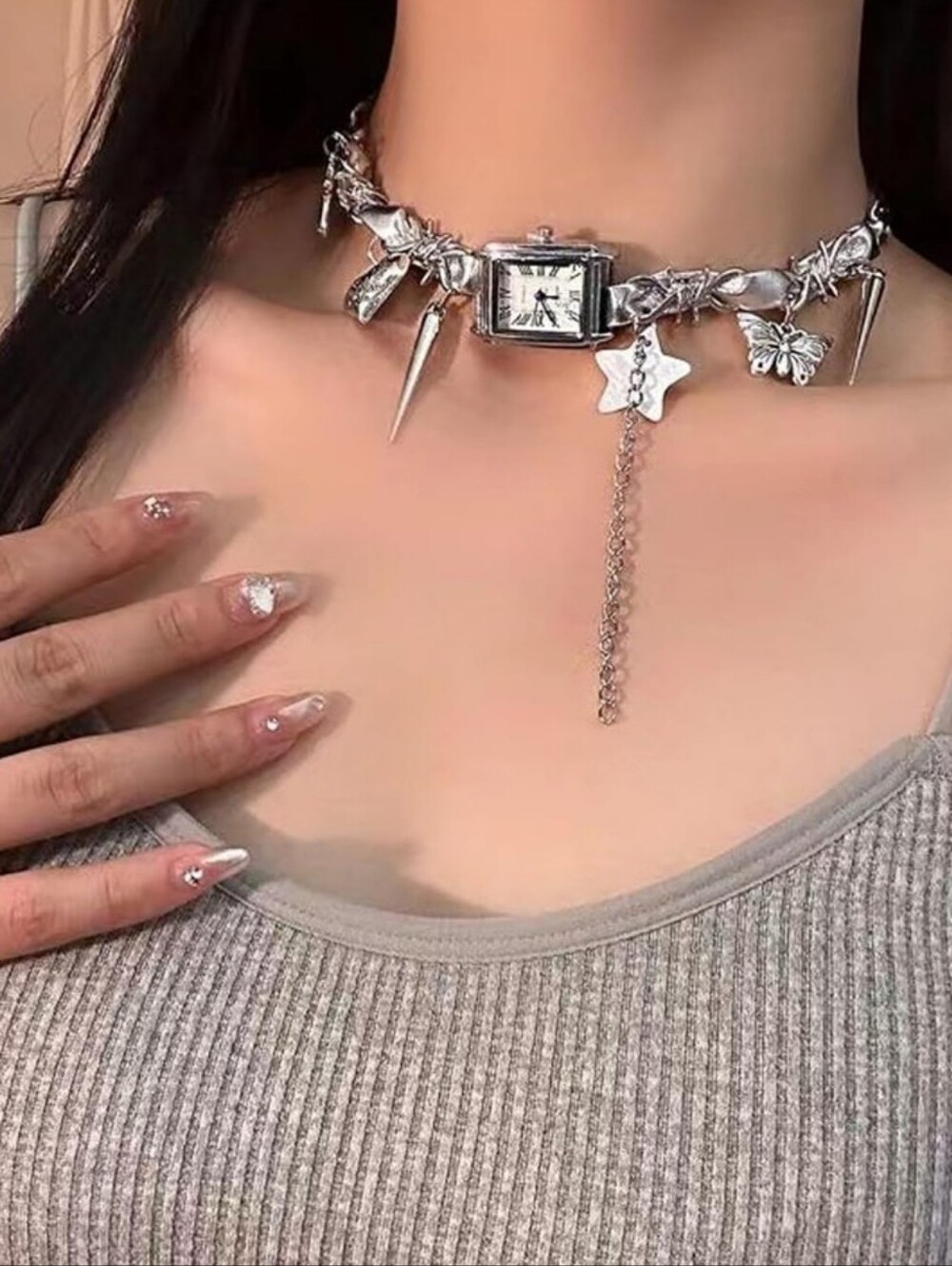 Silver Charm Watch Choker Necklace - Women's Jewelry